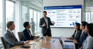 A man presents AI performance data on a large screen to five colleagues in a modern conference room.